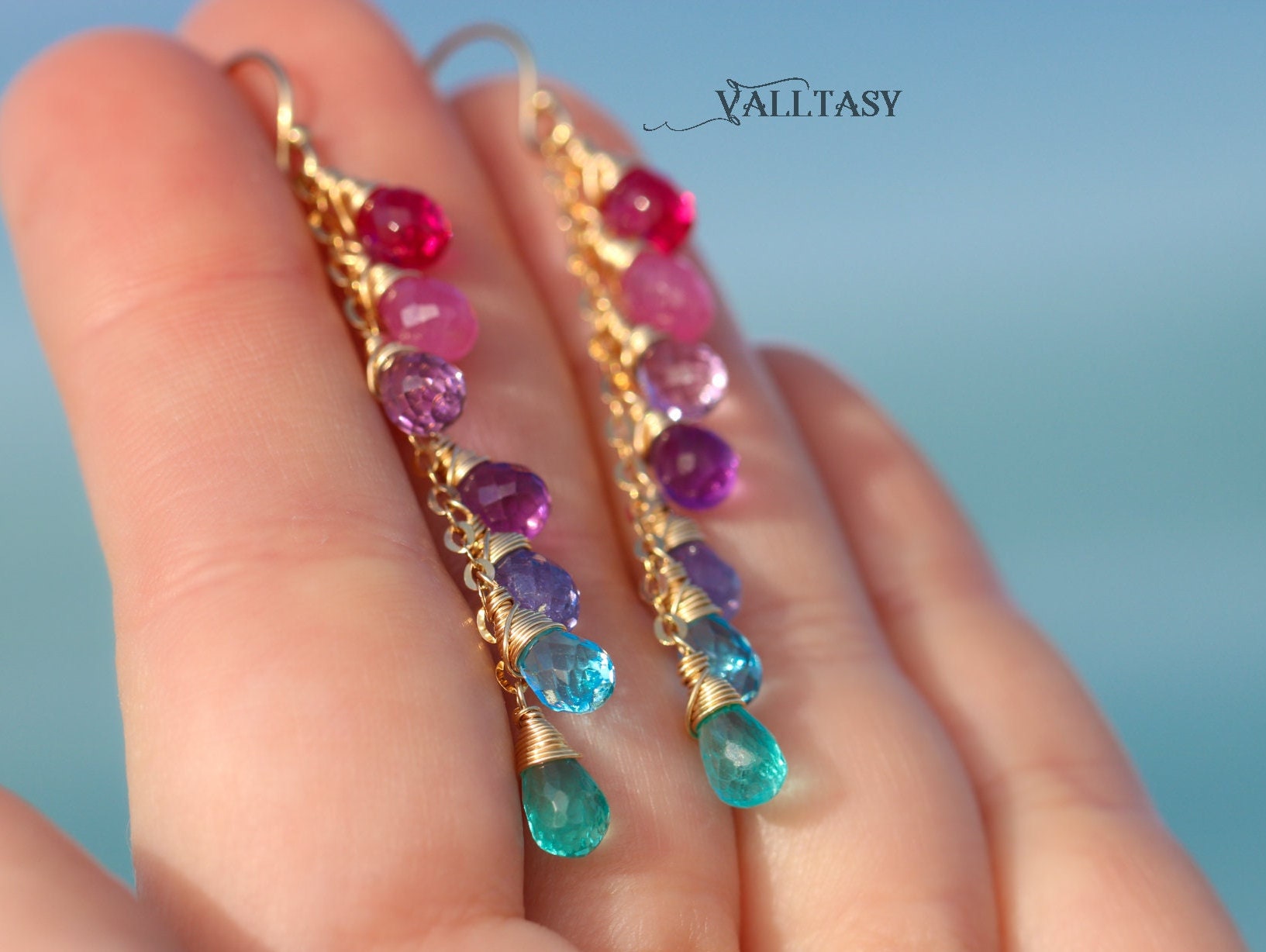 Multi Gemstone Pink Purple Blue Drop Earrings, Linear Gemstone Earrings