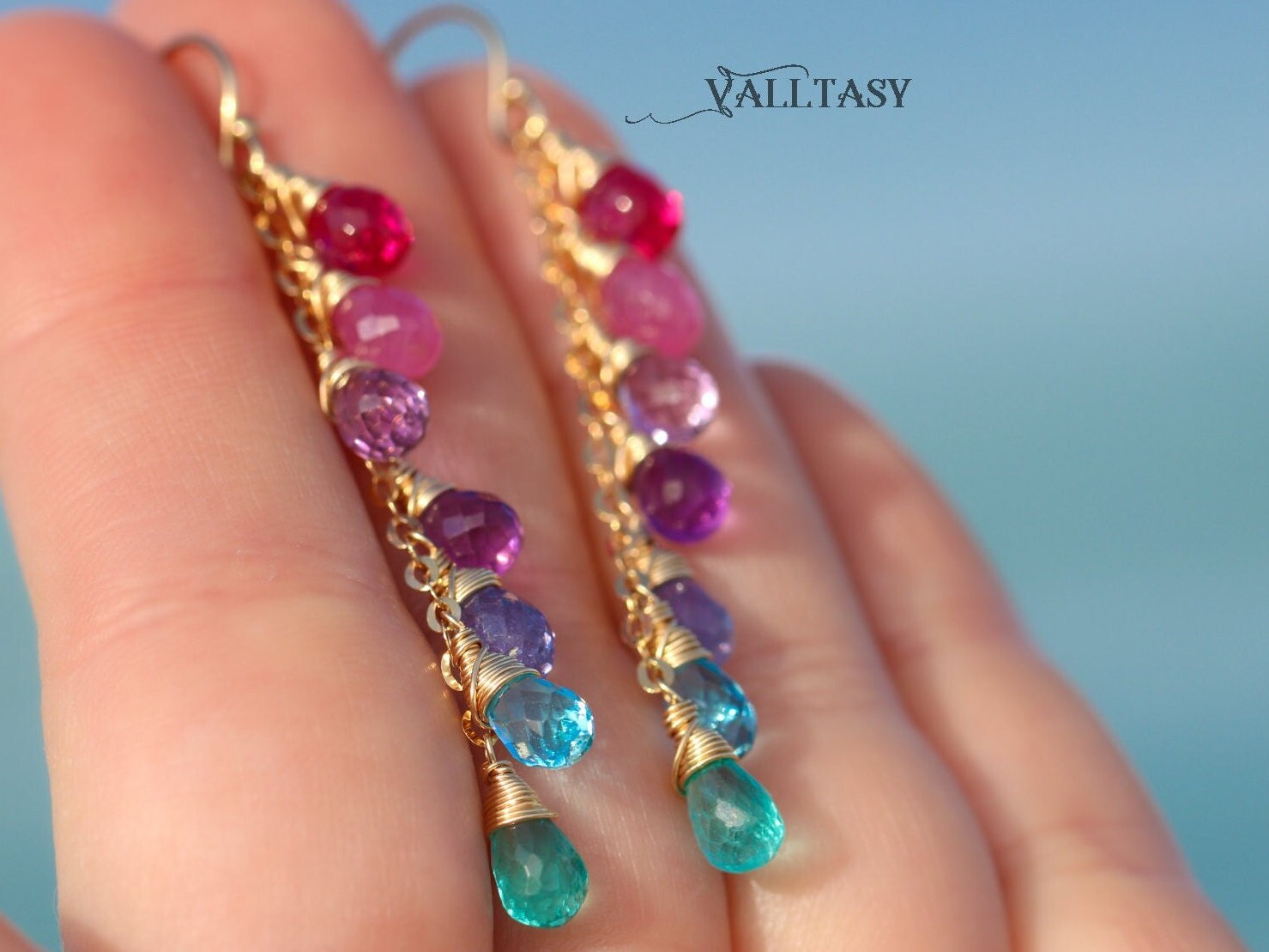 Multi Gemstone Pink Purple Blue Drop Earrings, Linear Gemstone Earrings