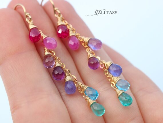 Solid Gold 14K Multi Gemstone Pink Purple Blue Drop Earrings, Linear Gemstone Earrings