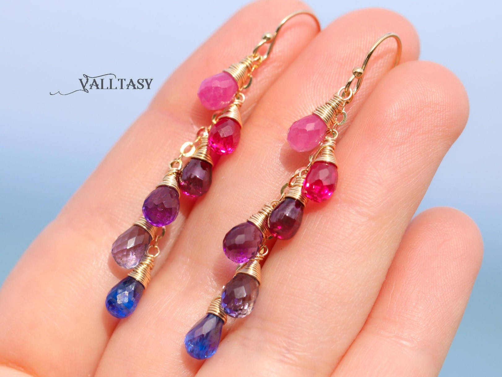 Solid Gold 14K Multi Gemstone Colorful Rainbow Earrings Wire Wrapped