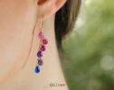 Solid Gold 14K Multi Gemstone Colorful Rainbow Earrings, Linear Drop Earrings