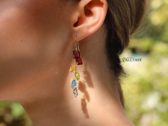 Solid Gold 14K Multi Gemstone Earrings, Colorful Precious Rainbow Earrings, One of a Kind