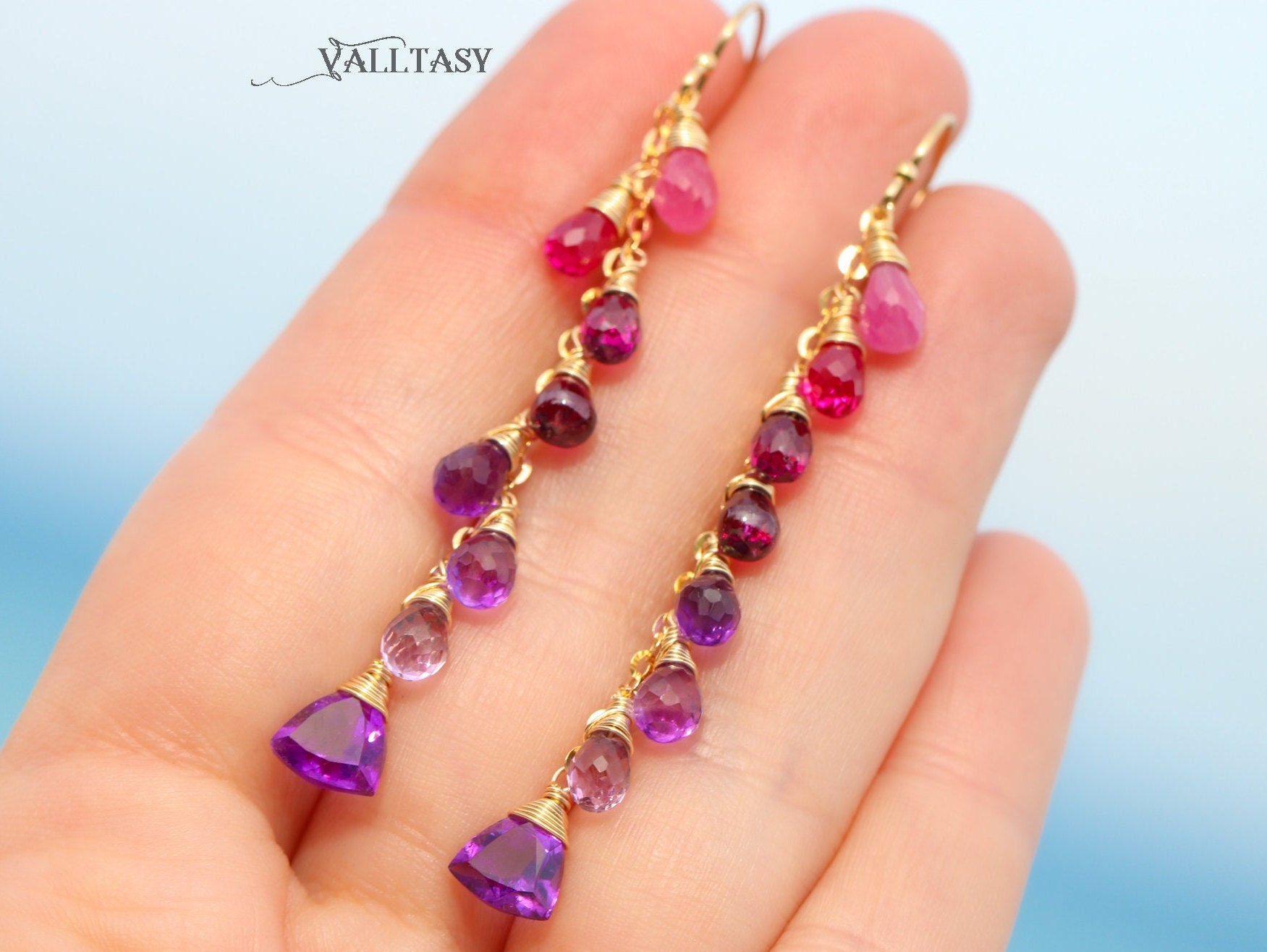 Solid Gold 14K Pink Purple Gemstone Earrings Cascade, Colorful Long Multi Gemstone Earrings