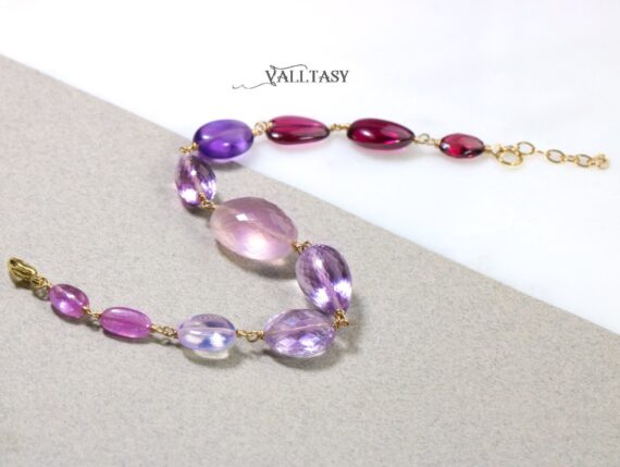 Solid Gold 14K Rose Quartz, Amethyst, Pink Sapphire Gemstone Wire Wrapped Bracelet, One of a Kind