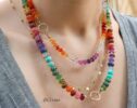 Solid Gold 14K Silk Knotted Mexican Fire Opal and Pink Sapphire Necklace, One of a Kind
