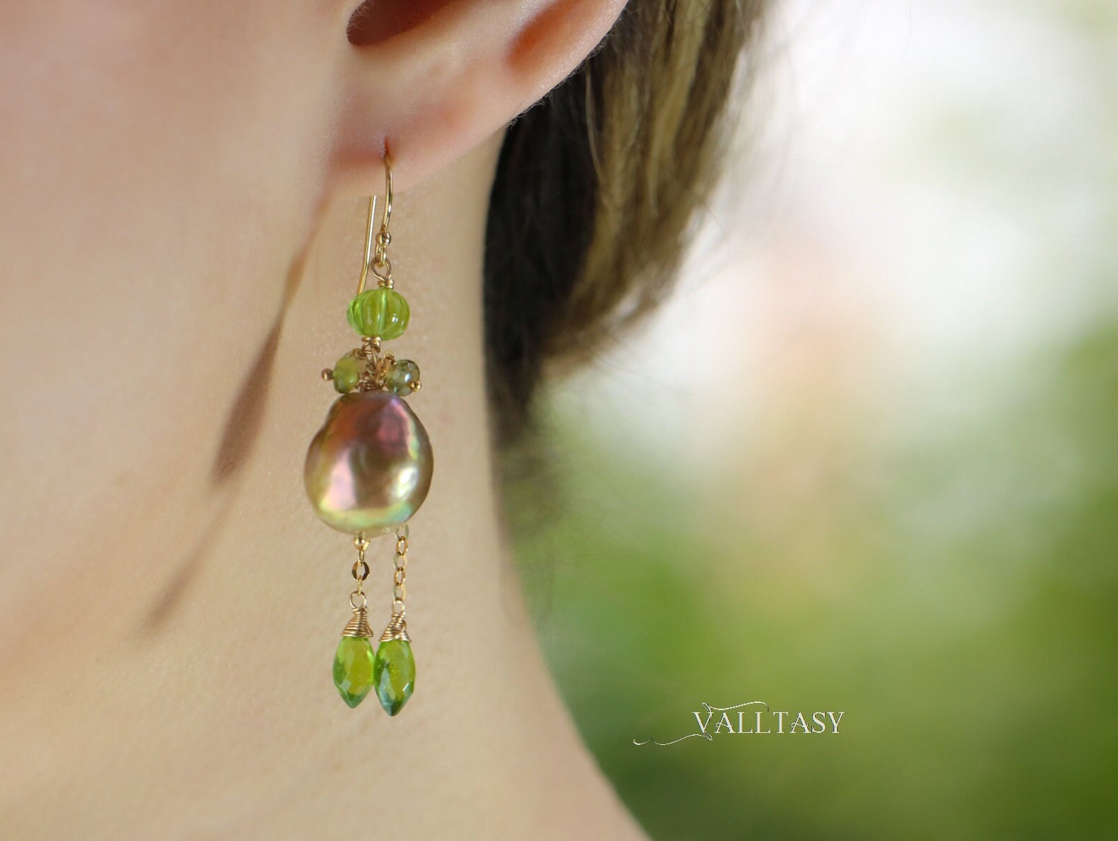 Edison Baroque Pearl Earrings with Peridot and Vesuvianite in Gold Filled, One of a Kind