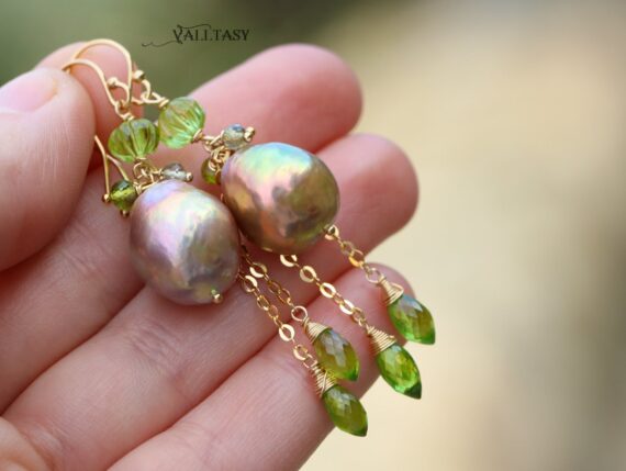 Edison Baroque Pearl Earrings with Peridot and Vesuvianite in Gold Filled, One of a Kind