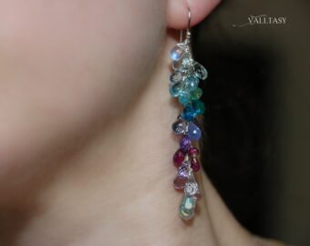 Multi Stone Semi Precious Long Gemstone Earring, Long Drop Cluster Earrings