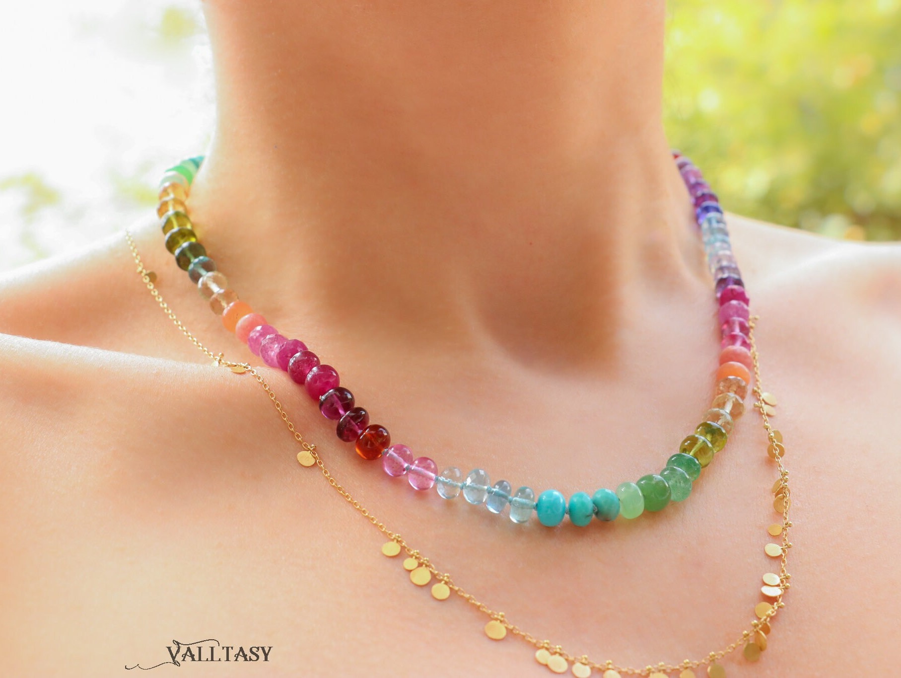 Silk Knotted Rainbow Multi Gemstone Necklace in Gold Filled