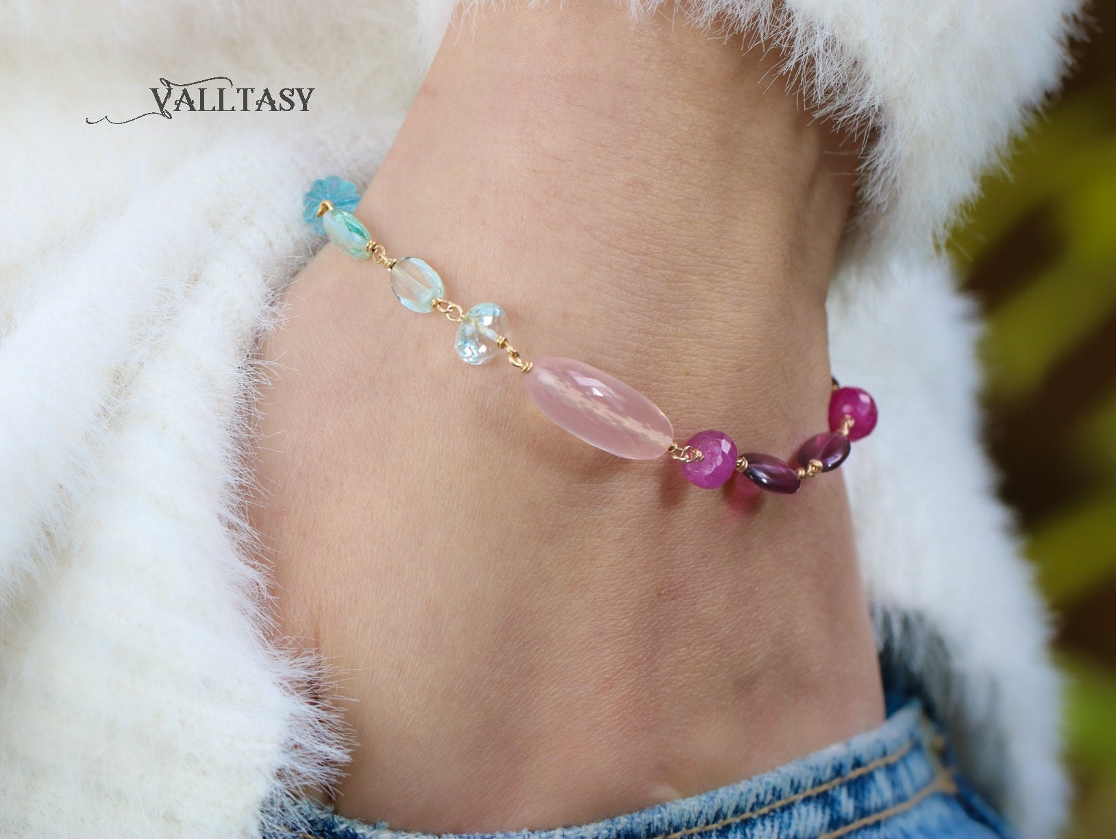 Solid Gold 14K Rose Quartz, Pink Sapphire and Blue Topaz Gemstone Wire Wrapped Bracelet, One of a Kind