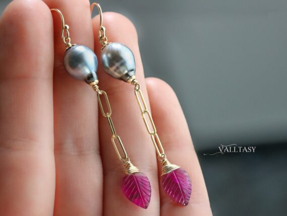 Solid Gold 14K Rubellite Pink Tourmaline and Tahitian Pearl Earrings, One of a Kind