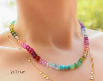 Solid Gold 14K Silk Knotted Rainbow Multi Gemstone Necklace