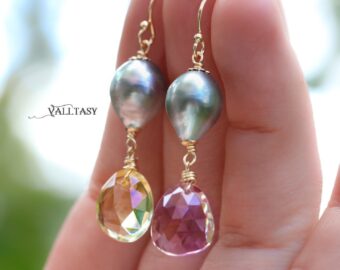 Solid Gold 14K Tahitian Pearl Earrings with Ametrine and Lemon Quartz, One of a Kind
