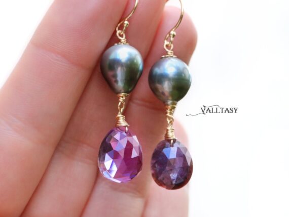 Solid Gold 14K Tahitian Pearl Earrings with Ruby and Amethyst, One of a Kind