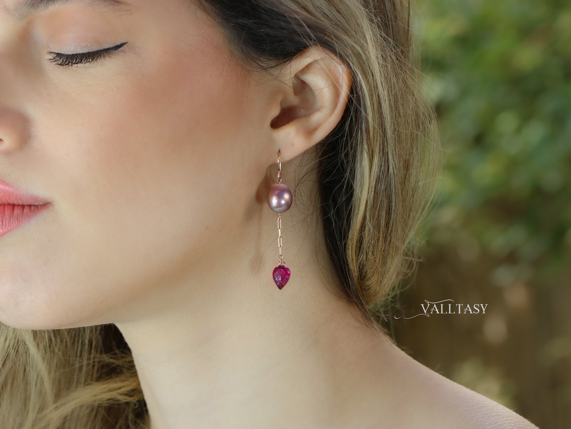 Solid Rose Gold 14K Rubellite Pink Tourmaline and Pink Edison Pearl Earrings, One of a Kind