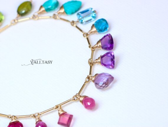 Rainbow Precious Gemstone Bracelet, Multi Stone Chain Bracelet