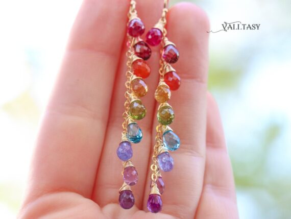 Solid Gold 14K Rainbow Multi Gemstone Drop Earrings, Linear Gemstone Earrings