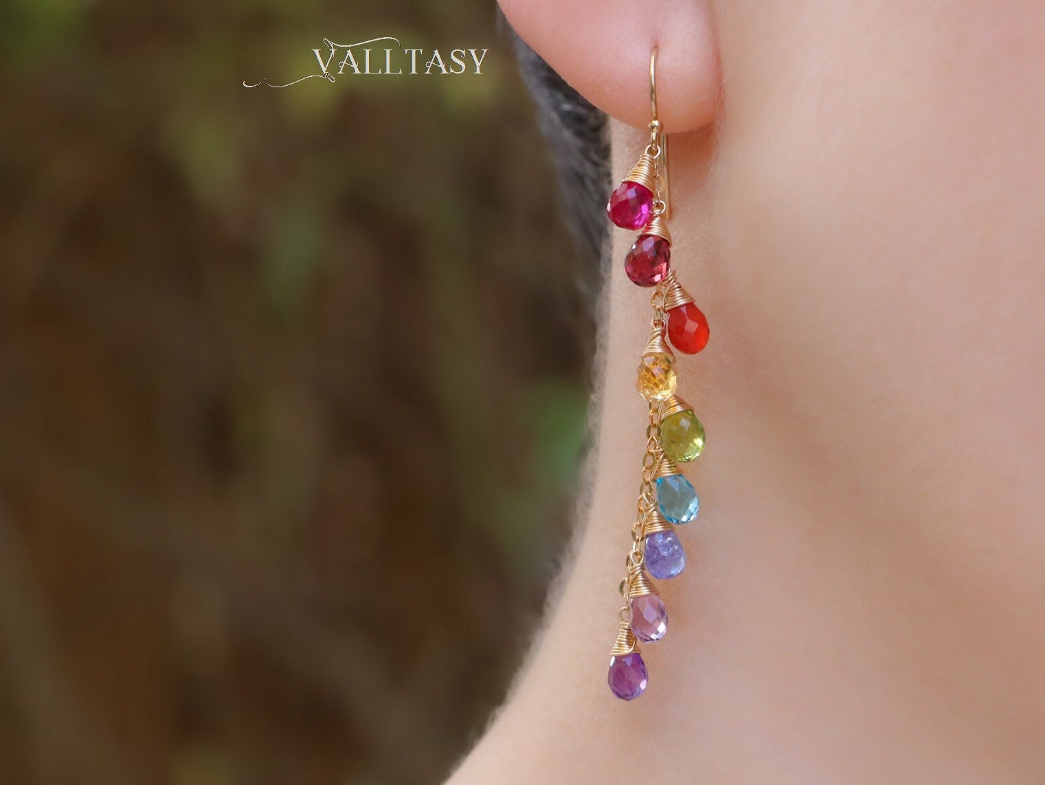 Rainbow Multi Gemstone Drop Earrings, Linear Gemstone Earrings