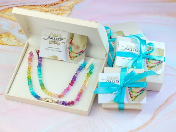 Solid Gold 14K Rainbow Precious Gemstone Necklace