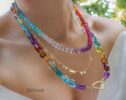 Solid Gold 14K Silk Knotted Multi Gemstone Statement Necklace, One of a Kind
