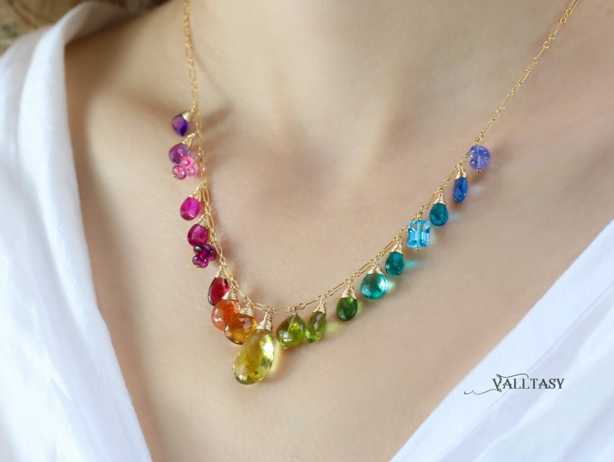 Rainbow Multi Gemstone Necklace in Gold Filled, Precious Drop