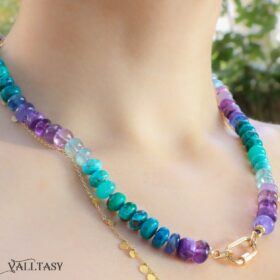 The Fairy Tale Necklace – Solid Gold 14K Silk Knotted Multi Gemstone Necklace in Aqua Blue Purple Colors