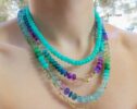 Solid Gold 14K Silk Knotted Multi Gemstone Necklace in Aqua Blue Purple Colors