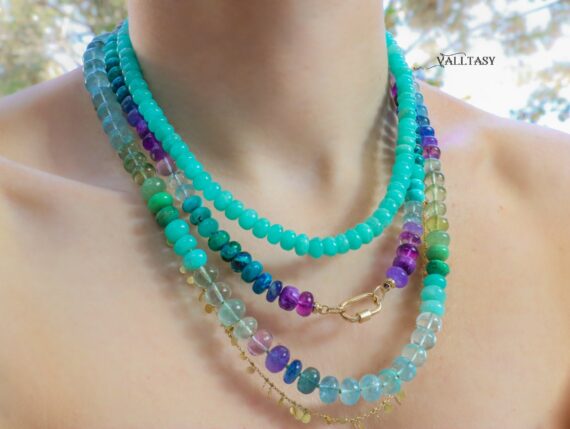 Solid Gold 14K Silk Knotted Multi Gemstone Necklace in Aqua Blue Purple Colors