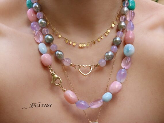 Solid Gold 14K Silk Knotted Pastel Multi Gemstone Statement Necklace, One of a Kind