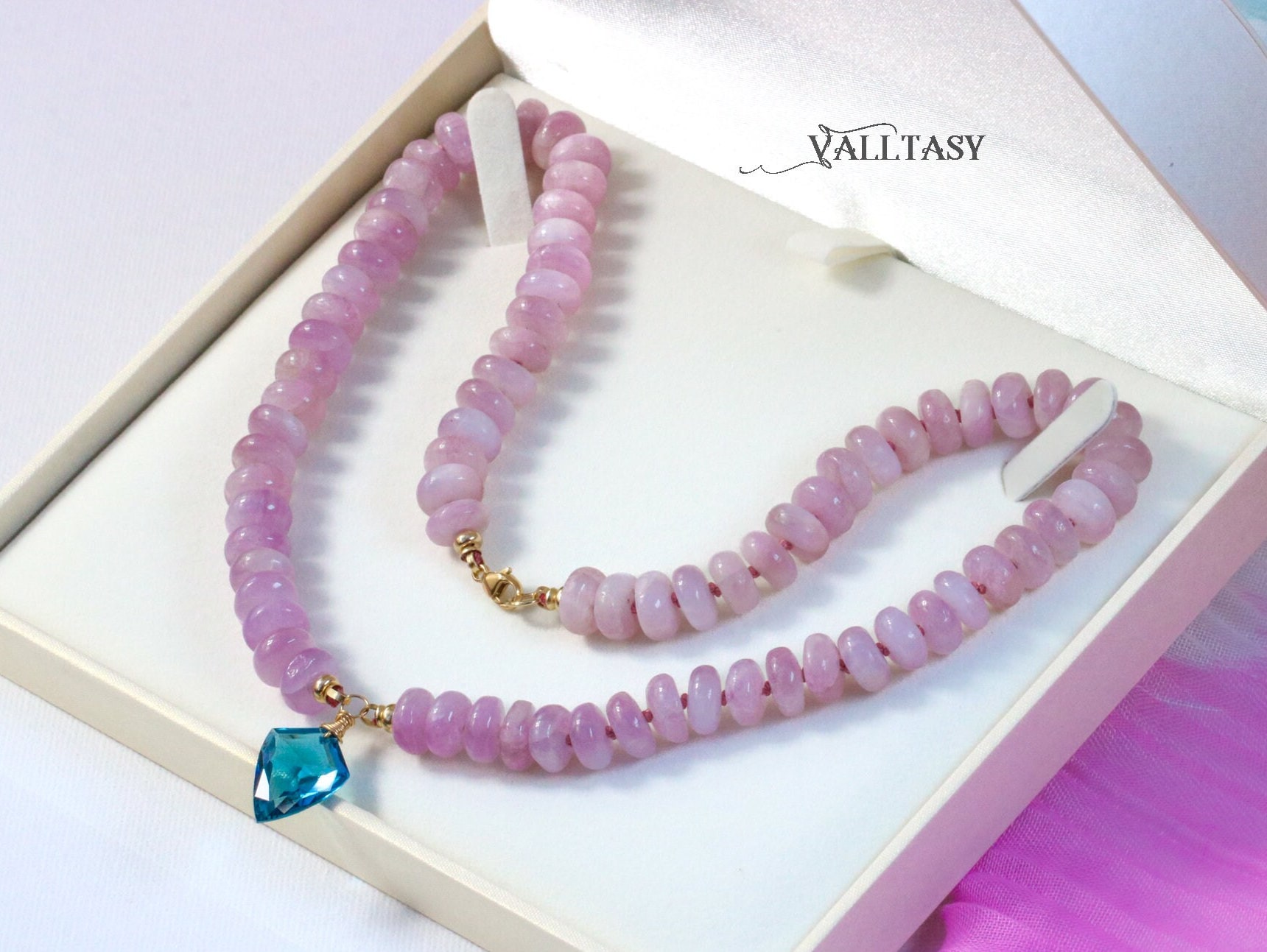 Solid Gold 14K Silk Knotted Pink Kunzite Necklace with London Blue Topaz, One of a Kind