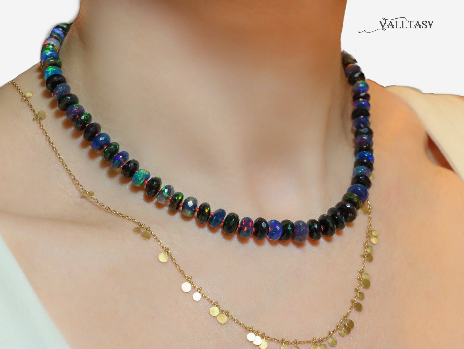 Solid Gold 14K Silk Knotted Black Opal Necklace, One of a Kind