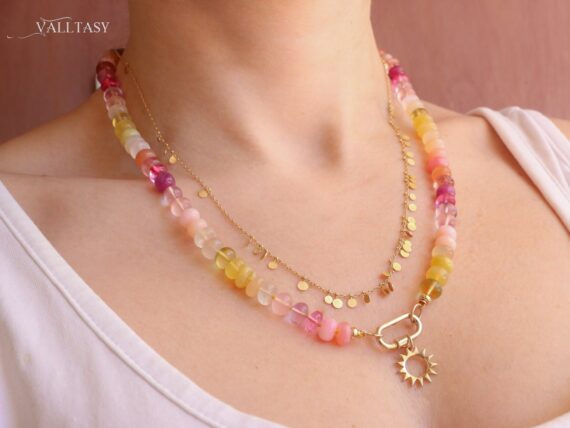 Solid Gold 14K Silk Knotted Multi Gemstone Necklace with a Sun Charm, One of a Kind