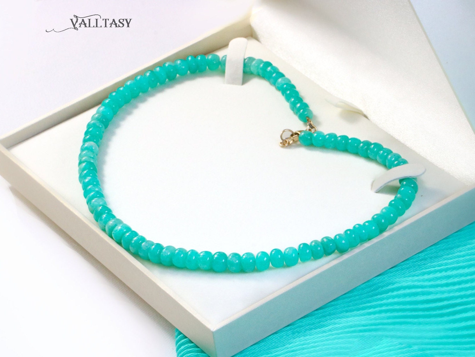 Vibrant Amazonite Necklace in 14K Solid Gold, Aqua Blue Gemstone Beaded Necklace