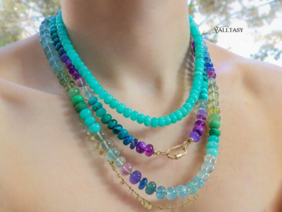 Vibrant Amazonite Necklace in 14K Solid Gold, Aqua Blue Gemstone Beaded Necklace