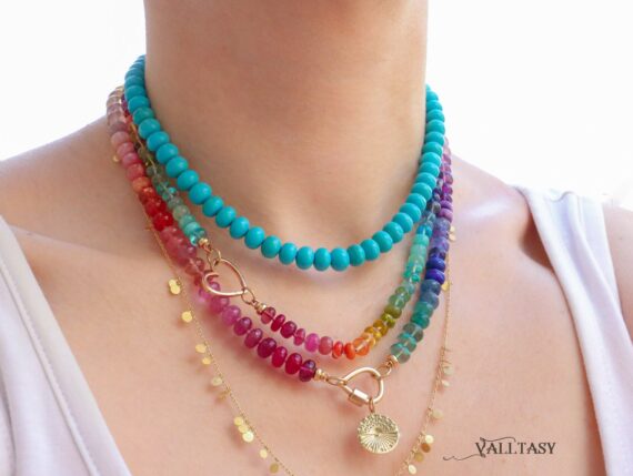 Solid Gold 14K Silk Knotted Rainbow Multi Gemstone Necklace, Repeating Rainbow