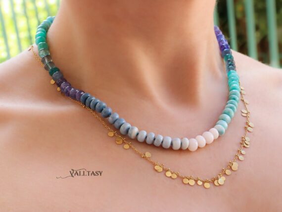 Solid Gold 14K Silk Knotted Blue Opal, Amazonite and Larimar Necklace
