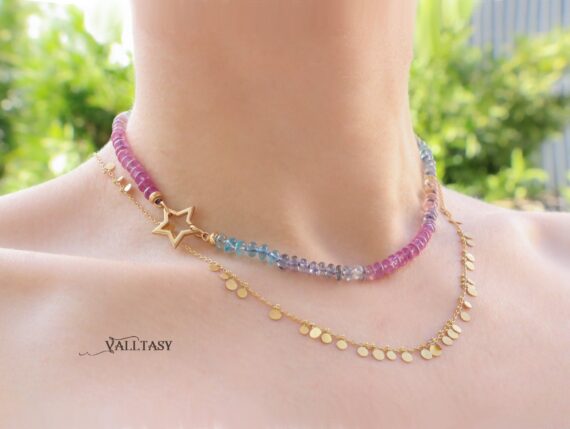Solid Gold 14K Silk Knotted Multi Sapphire Necklace