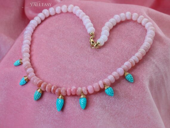 Solid Gold 14K Silk Knotted Pink Opal and Sleeping Beauty Turquoise Necklace