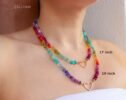 Solid Gold 14K Silk Knotted Rainbow Multi Gemstone Necklace, Repeating Rainbow