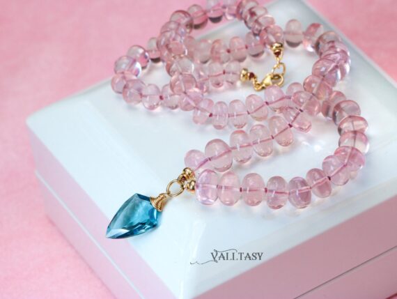 Solid Gold 14K Silk Knotted Rose Quartz Necklace with London Blue Topaz, One of a Kind