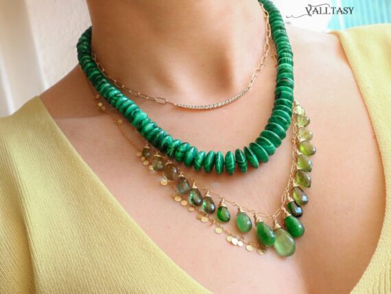 Solid Gold 14K Malachite Silk Knotted Gemstone Necklace, One of a Kind
