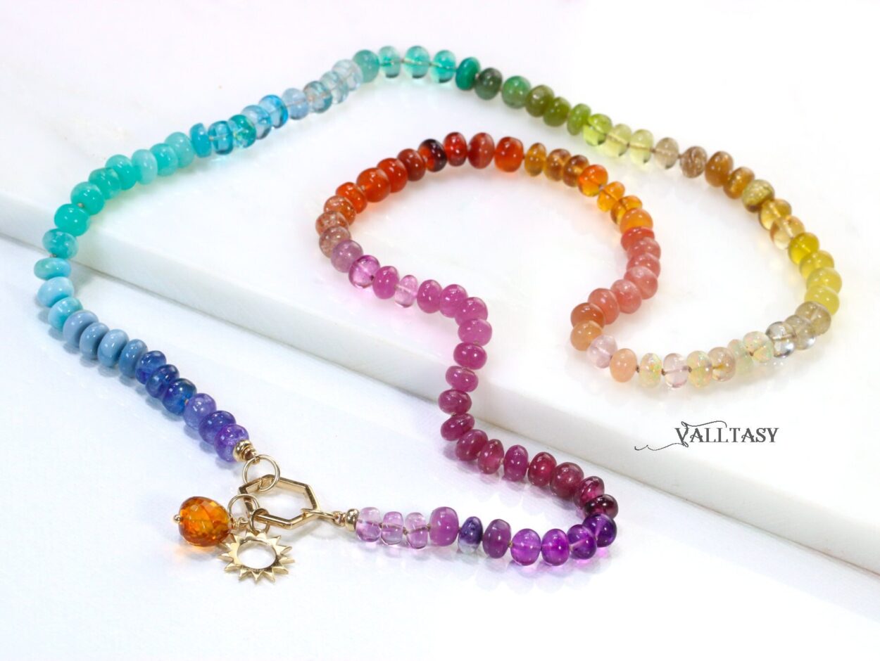 Solid Gold 14K Silk Knotted Multi Gemstone Necklace, Long Versatile