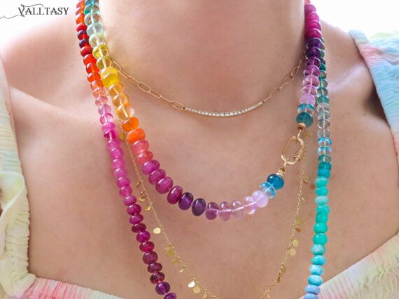 Solid Gold 14K Silk Knotted Rainbow Multi Gemstone Necklace, One of a Kind