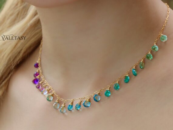Solid Gold 14K Aqua Blue Purple Gemstone Drop Necklace, Statement Semi Precious Stone Necklace
