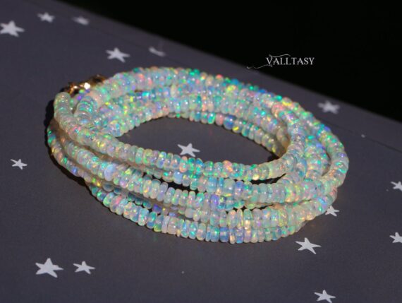 Solid Gold 14K Ethiopian Opal Multi Wrap Bracelet Necklace, Multi Layered Bracelet, Double Layered Necklace, Long Necklace