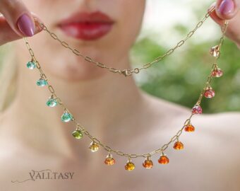 Solid Gold 14K Multi Gemstone Necklace, Precious Drop Candy Necklace