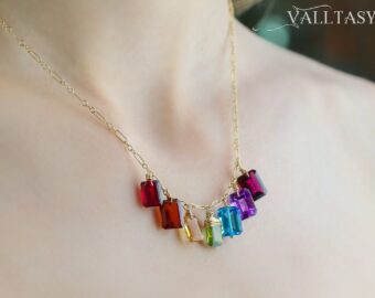 Solid Gold 14K Rainbow Gemstone Necklace with Colorful Precious Stones