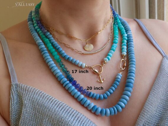 Solid Gold 14K Silk Knotted Blue Opal, Amazonite and Larimar Necklace