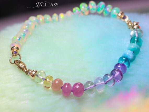 Solid Gold 14K Silk Knotted Ethiopian Opal Pastel Bracelet, Half Opal Half Pastel Bracelet