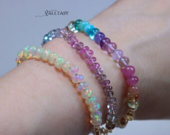 Solid Gold 14K Silk Knotted Ethiopian Opal Pastel Bracelet, Half Opal Half Pastel Bracelet